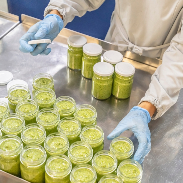 Un trabajador en bata de laboratorio está colocando alimentos verdes en frascos.